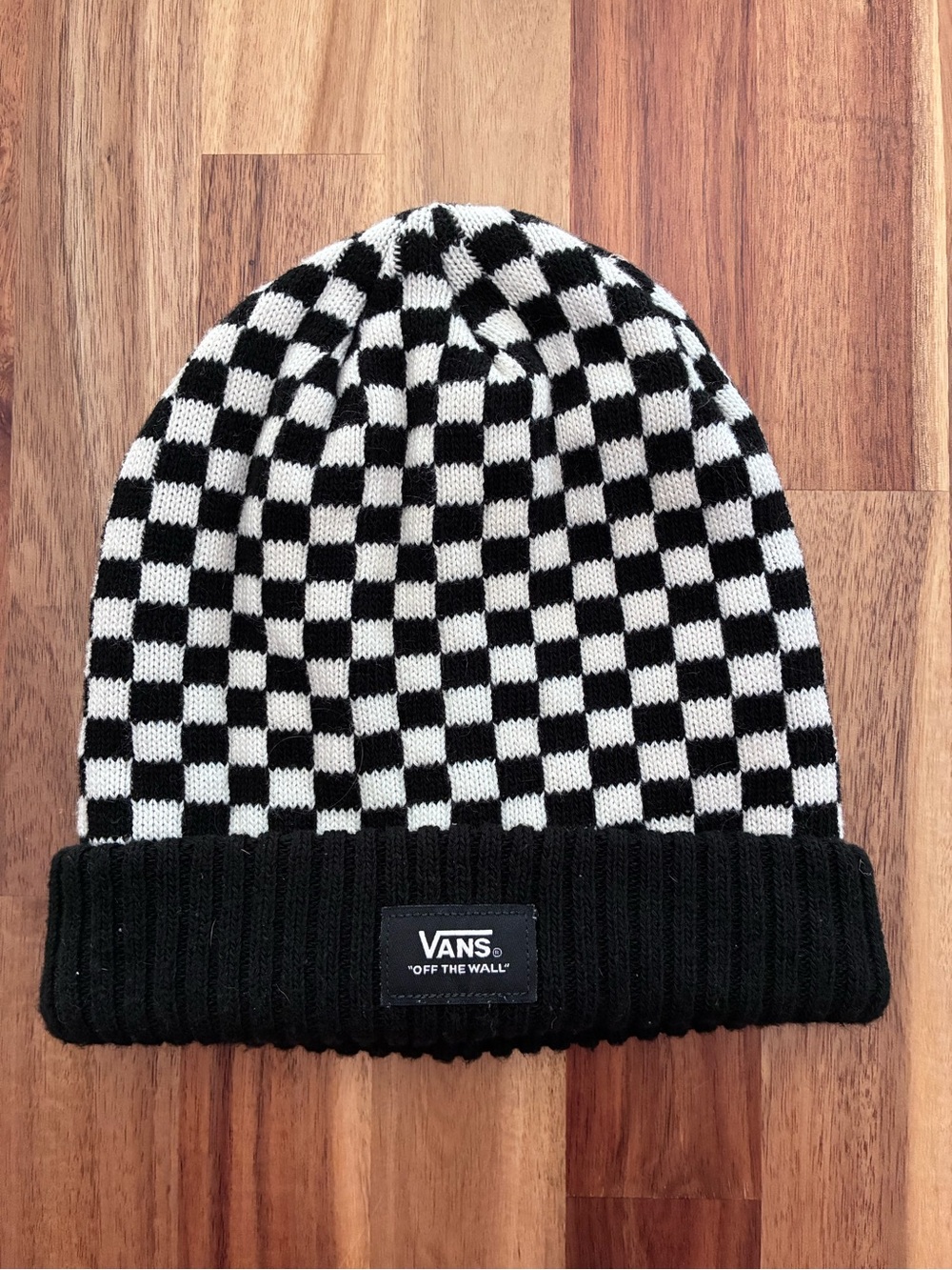 Vans “Off The Wall” Black and White Checkerboard Knit Cuffed Beanie Hat